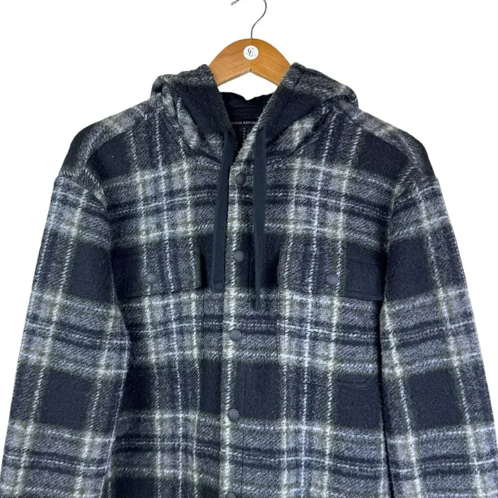 Banana Republic Wool Black Plaid Hooded Shirt Sweater Button Up Jacket Pockets